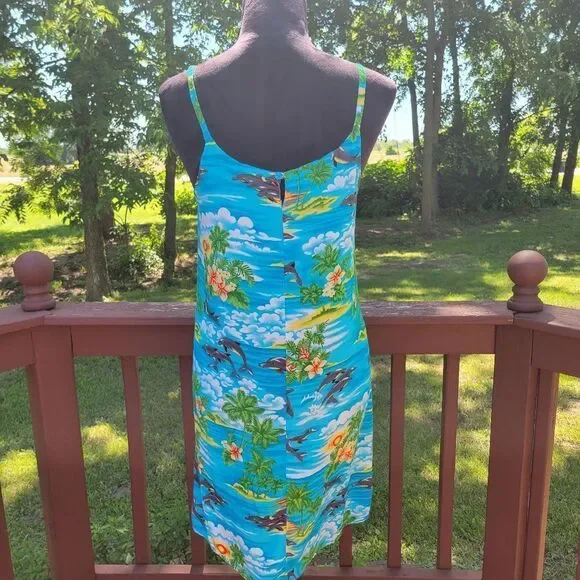 ALOHA Women's Blue Hawaiian Print Sleeveless Summer Mini Dress Size Medium - Picture 10 of 12